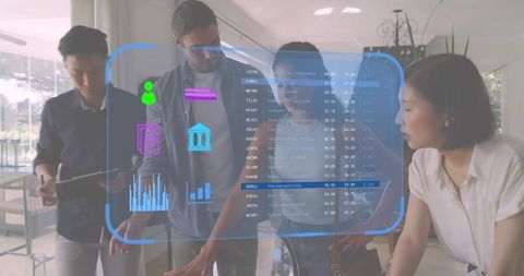 Business team manipulating ar hud over glass table, collaborating with holographic interface
