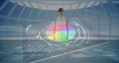 Woman Analyzing Holographic Data Visualization in Futuristic Room