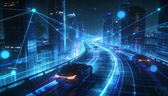 Autonomous cars driving on neon digital highway through futuristic smart city at night