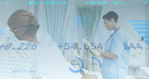 Doctor Reviewing Patient Data with Financial Analytics Overlay