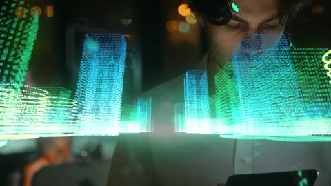 Businessman Interacting with Futuristic Holographic Skylines