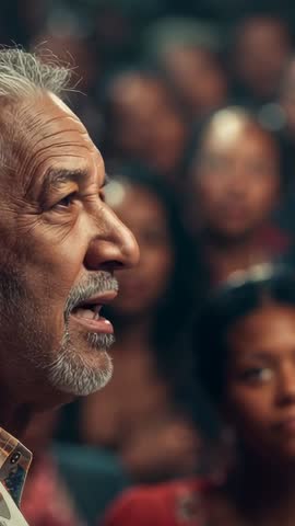 Vertical video senior speaker addressing attentive audience in auditorium side profile copy space