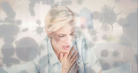 Woman Experiencing Discomfort Surrounded by Allergy Particles Indoors