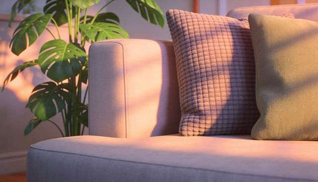 Sunlit beige sofa with mauve textured cushion, green pillow and monstera leaf shadows