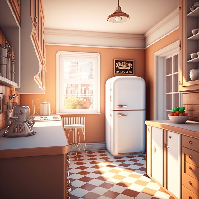 This image showcases a vintage-inspired kitchen adorned with retro appliances and a checkered floor. The warm colors and natural light create a cozy ambiance, perfect for editorial pieces on home decor or nostalgic design. This would also work well for advertisements promoting retro-style kitchen appliances or interior design services.