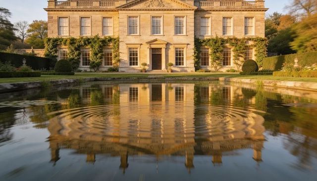 Georgian manor with columned portico reflecting in garden pond with rippling water