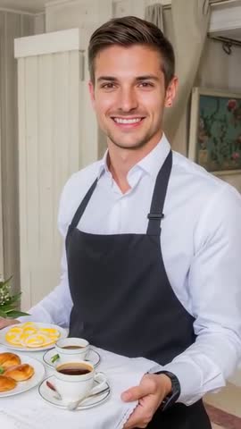 Smiling waiter serving coffee and pastries in cozy cafe vertical video for hospitality marketing