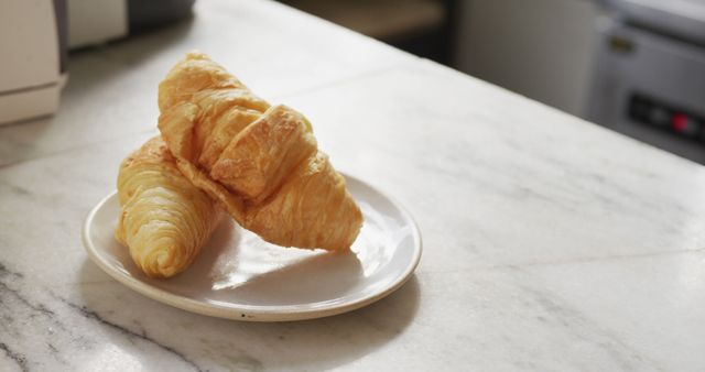 Fresh croissants sit on a white plate on a marble countertop in a bright kitchen. Ideal for use in food blogs, bakery promotions, breakfast menu design, and kitchen lifestyle articles. The morning light accentuates the flaky texture, making it perfect for emphasizing fresh and homemade qualities in culinary advertisements.