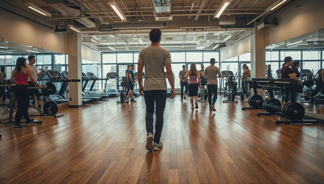 Walking man heading toward treadmills in modern gym with group cardio and free weights