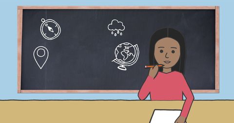 Schoolgirl Writing with Education Icons on Blackboard