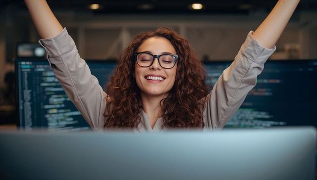 Successful female developer stretching in modern office