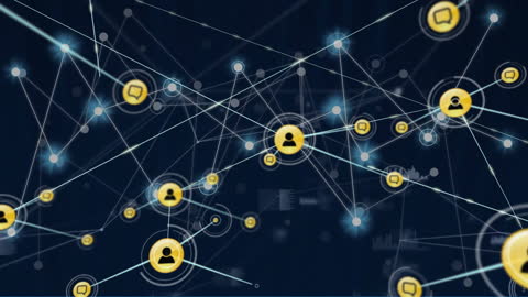 Digital Network of Connected Social Media Icons Over Dark Background