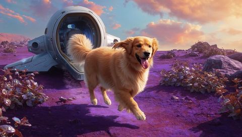 Golden retriever sprinting on alien purple plain beside futuristic spacecraft at sunset