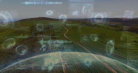 Futuristic Agriculture with Digital Data Visualizations Over Farmland