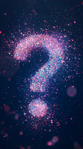 Vertical video pulsing neon question mark releasing multicolor confetti with bokeh glow