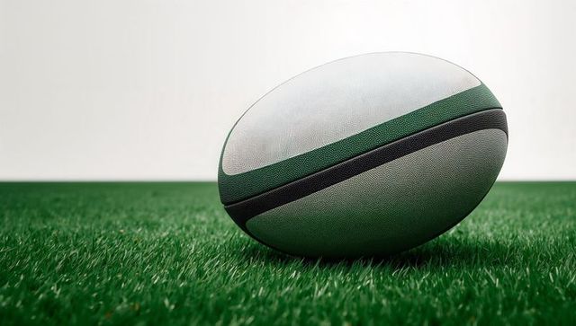 Minimalist rugby ball on green grass turf in studio setting