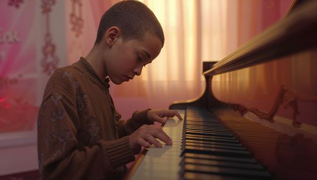 Young pianist practicing in elegant home setting