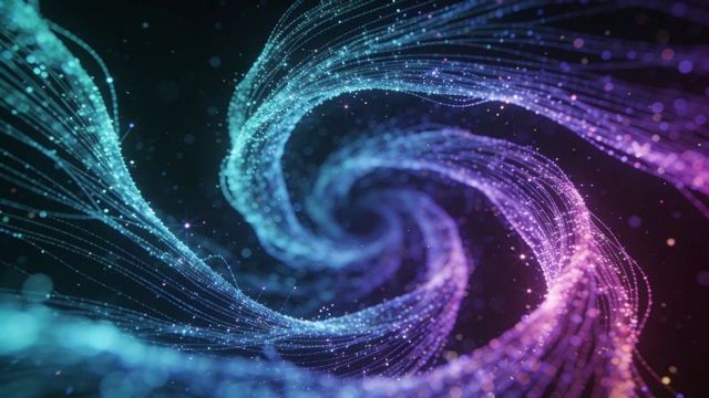Spiraling neon particle vortex teal and violet futuristic digital energy flow