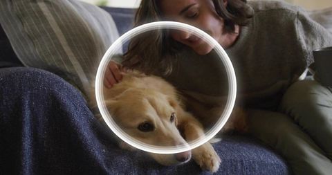 Woman petting golden dog on navy sofa, cozy home moment with circular light overlay