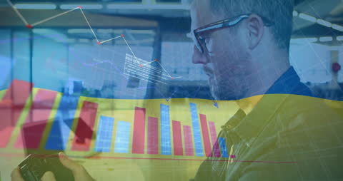 Photographer Analyzing with Ukrainian Flag and Business Graphs