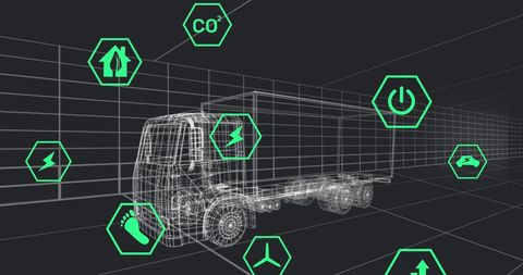 Digital interface with 3d truck model and technology icons