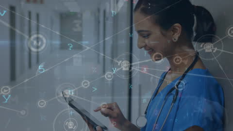 Female Doctor Utilizing Tablet for Medical Data Visualization in Hospital