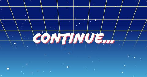 Retro continue screen with grid and space theme