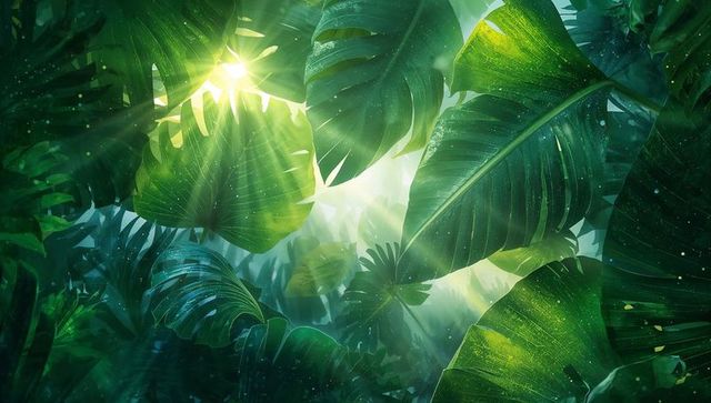 Sunlight Filtering Through Lush Tropical Canopy with Glowing Leaves