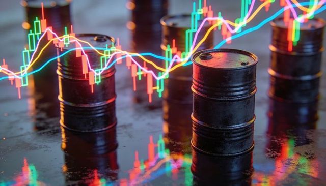 Oil barrels reflecting neon candlestick charts, symbolizing energy market volatility