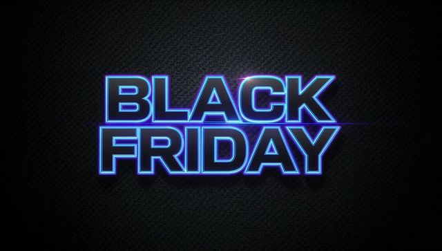 Neon Blue-Purple Black Friday Typography with Glowing Outline and Carbon-Fiber Texture