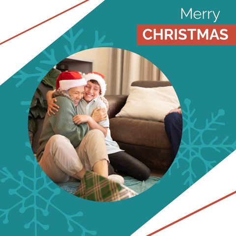 celebratory christmas hug with mother and son wearing santa hats - Download Free Stock Templates Pikwizard.com