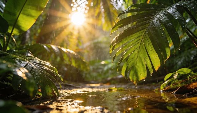 Sunlit tropical rainforest fronds dripping dew into puddle, golden backlit understory