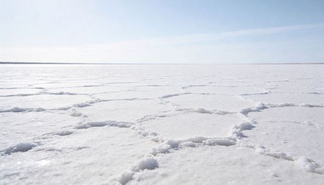 Endless salt flat with polygonal salt-crust patterns and minimalist blue horizon