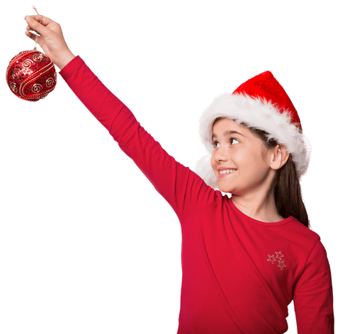 Joyful Girl in Santa Hat Holding Christmas Ornament on Transparent Background