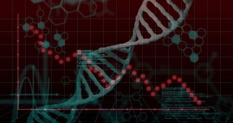 Teal DNA double helix winding across holographic dashboard with red data points