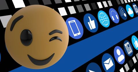Winking emoji with social media icons on blue background