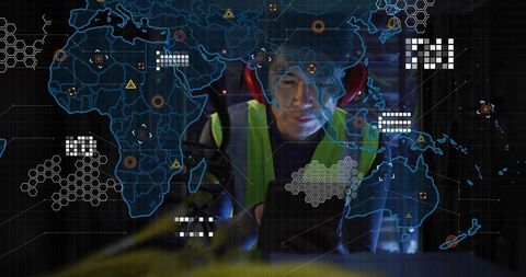 Technician analyzing holographic global interface in control room