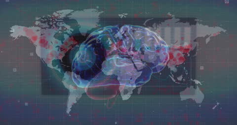 Futuristic Brain Data Overlay on World Map Highlighting Global Connectivity