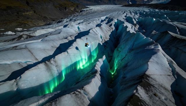 Lowering climber into glacier crevasse with emerald light, rope rescue, alpine adventure