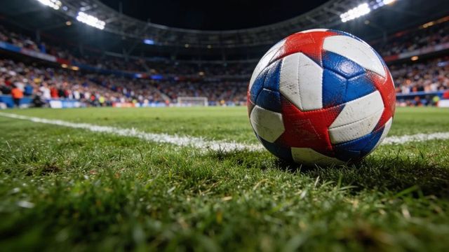 Close-up red white blue soccer ball resting on stadium grass under night floodlights