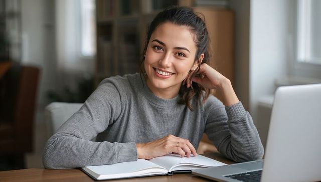 Young woman studying at home desk with laptop and notebook, smiling, cozy remote learning