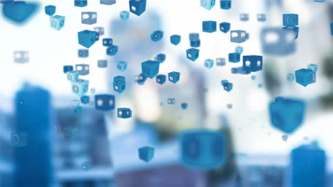 Animated Blue Cubes with Social Media Icons in Motion