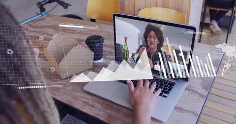 Remote collaboration in cafe with laptop video call, charts and digital analytics overlay