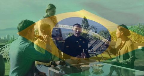 Friends Dining Outdoors with Brazilian Flag Overlay