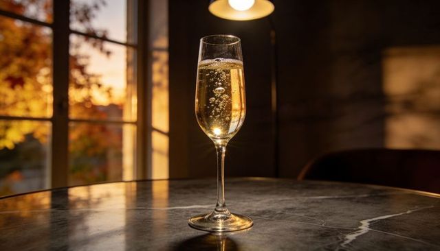 Champagne flute catching golden sunset light, bubbling effervescence on marble table