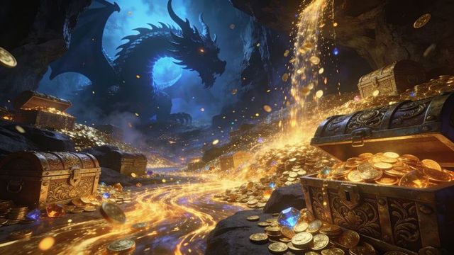 Shadow dragon guarding underground treasure vault with flowing gold and ornate chests