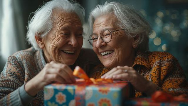 Smiling Asian Seniors in Living Room Unwrapping Gift Box Together