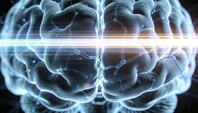 Translucent Human Brain with Neural Network Circuitry, Light Band, Futuristic AI Concept
