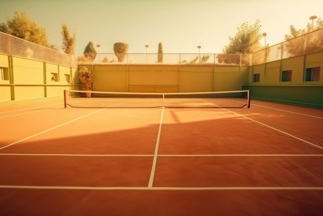 Tennis court with net and trees in the background created using generative ai technology. Tennis and sport concept digitally generated image.