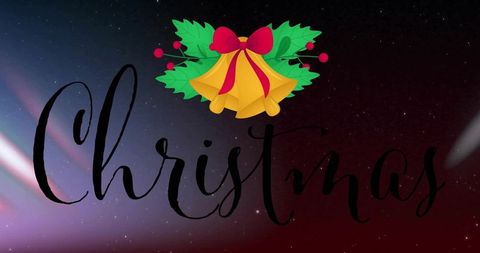 Elegant christmas calligraphy with golden bells, red bow and holly on starry gradient background